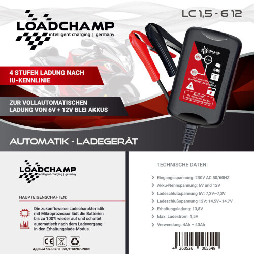 Loadchamp Automatik Ladegerät 6V / 12V / 1,5A, 16,90 €