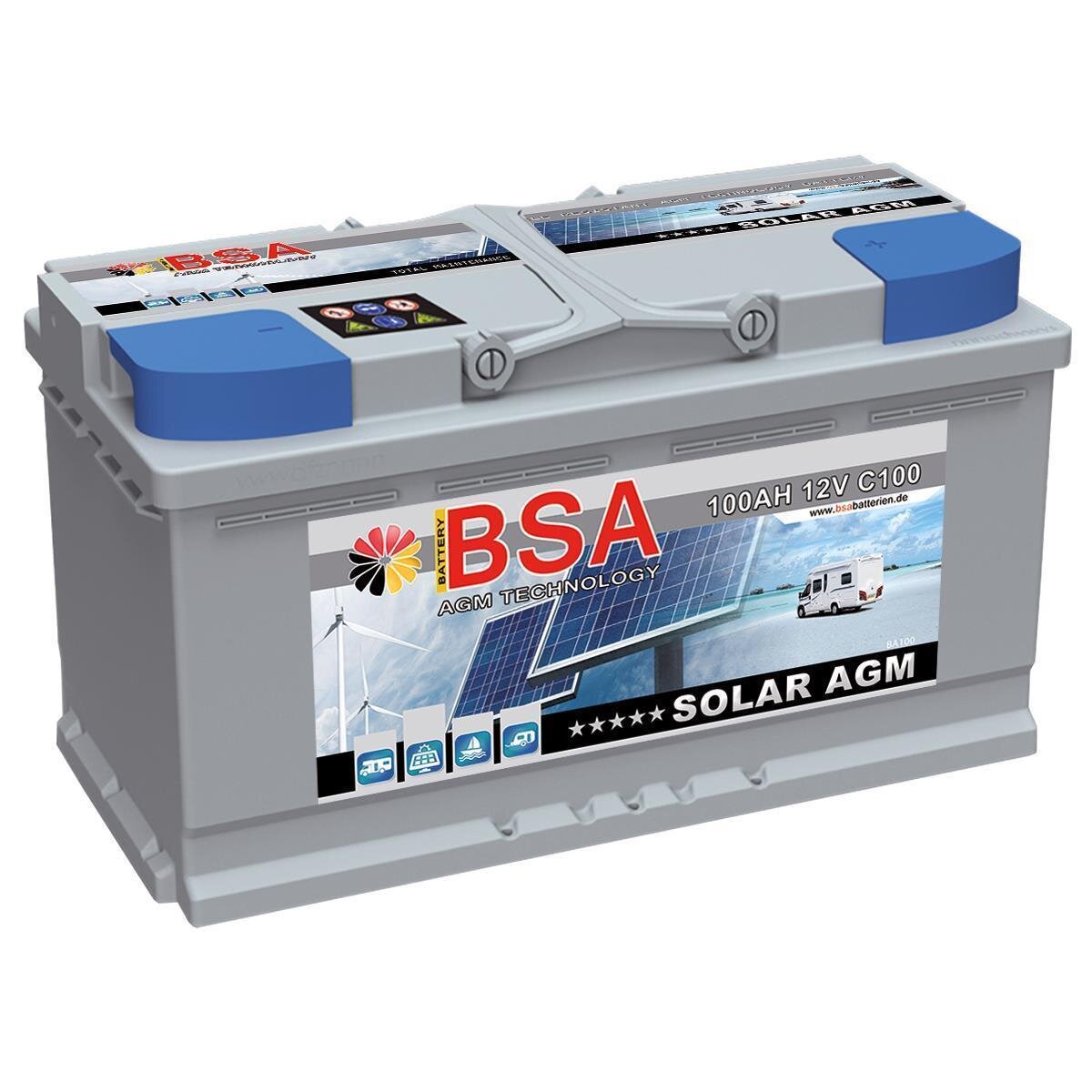 BSA AGM Battery 100 Ah 12 V Solar Battery Deep Cycle Motorhome Boat Battery  Cycle Resistant Maintenance Free VRLA Battery : : Automotive